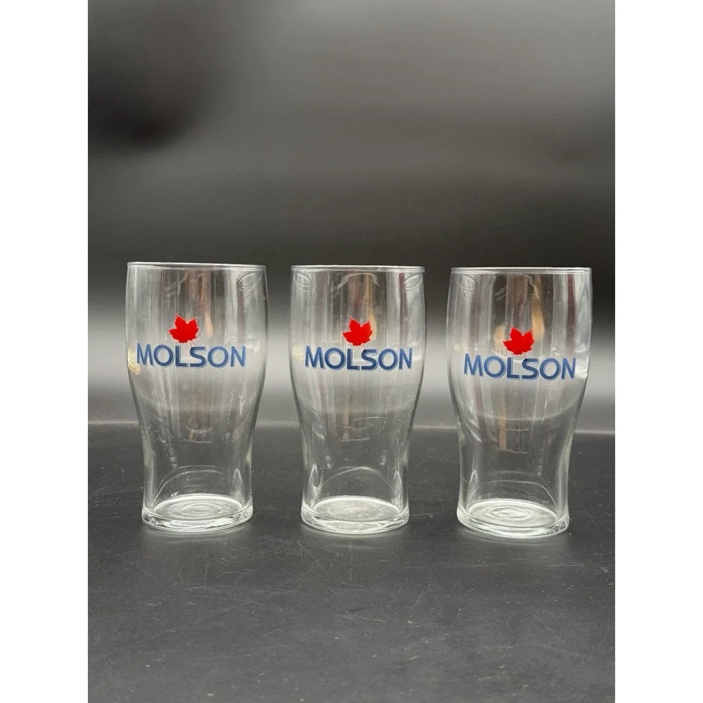 3 Molson Canadian Beer 16oz Tulip Glasses Maple Leaf Logo Libbey EUC Barware